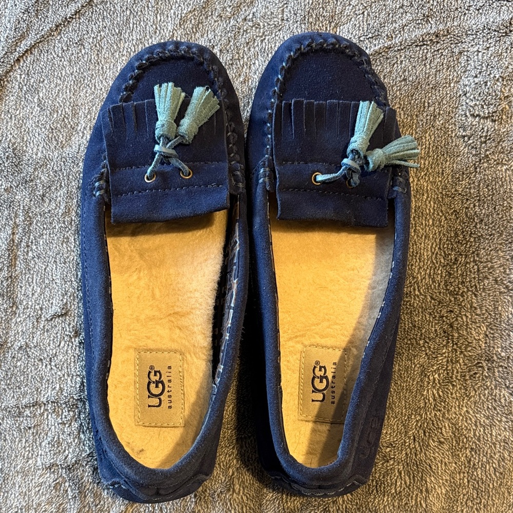 UGG Navy Suede Tassel Moccasins with Light Blue Accents